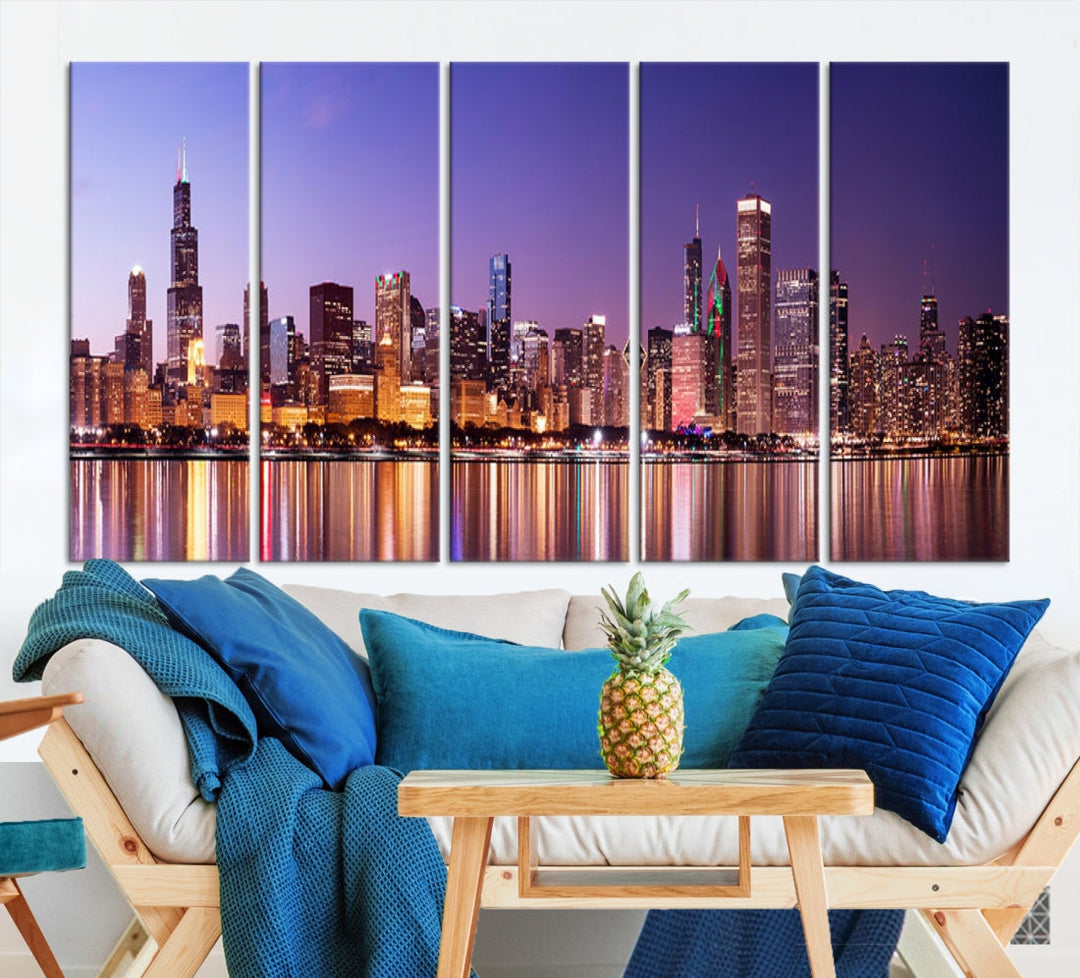 Chicago Night Purple Skyline Cityscape Canvas Art Print Large Wall Decor