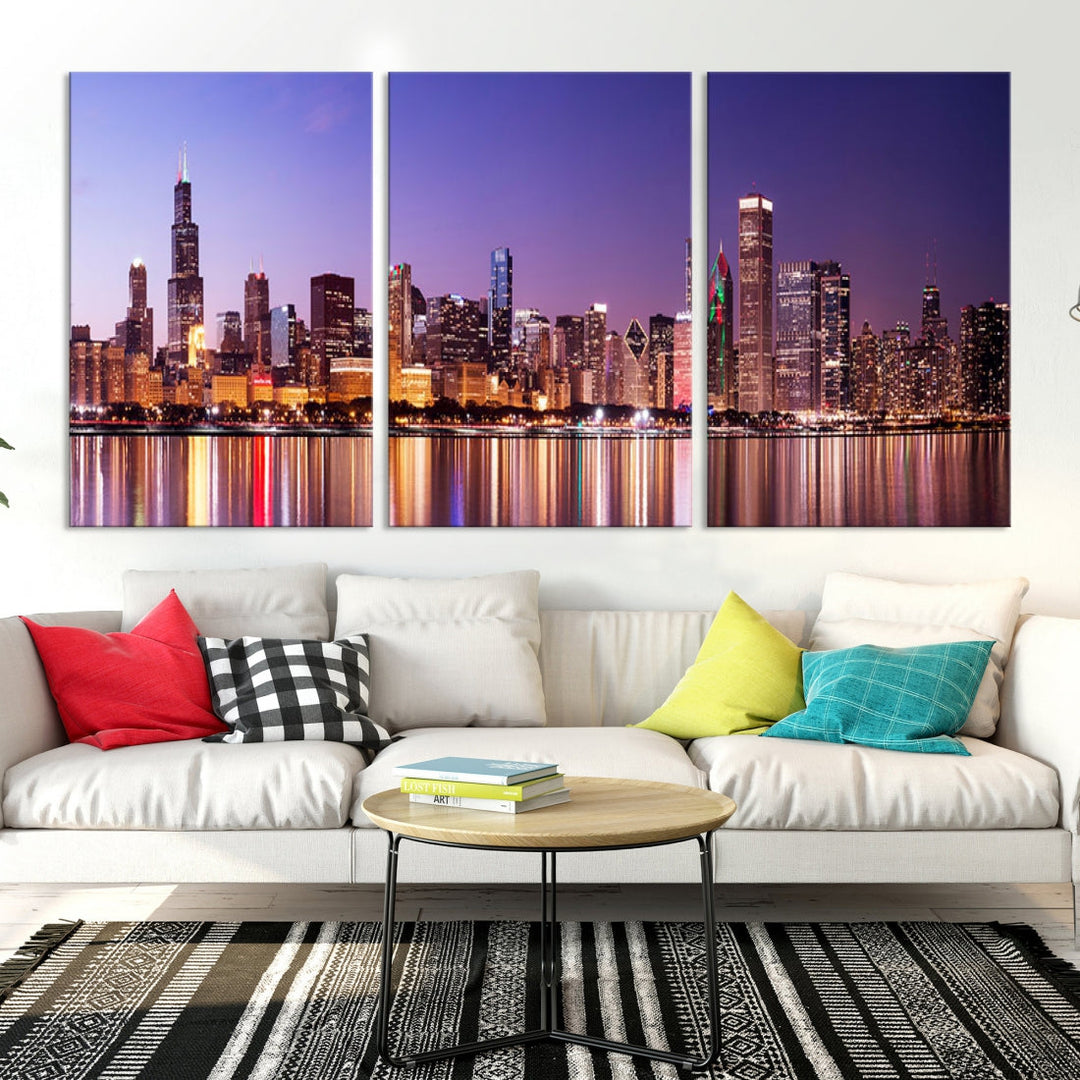 Chicago Night Purple Skyline Cityscape Canvas Art Print Large Wall Decor