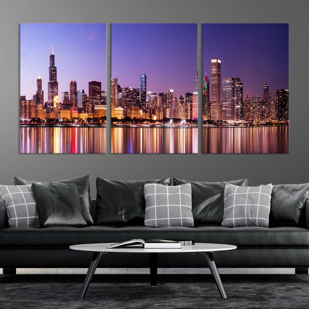 Chicago Night Purple Skyline Cityscape Canvas Art Print Large Wall Decor