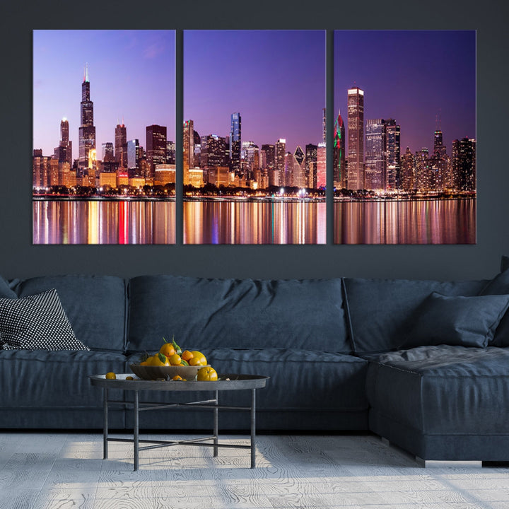 Chicago Night Purple Skyline Cityscape Canvas Art Print Large Wall Decor