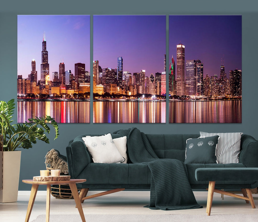 Chicago Night Purple Skyline Cityscape Canvas Art Print Large Wall Decor