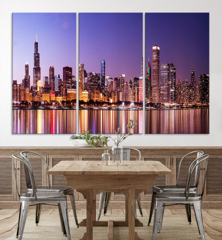 Chicago Night Purple Skyline Cityscape Canvas Art Print Large Wall Decor