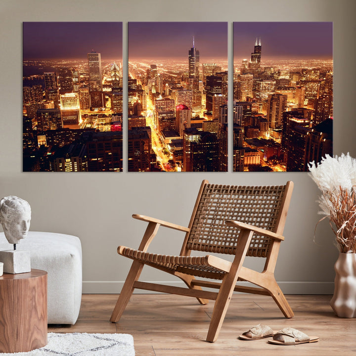 Chicago Night Skyline Aerial View Picture Wall Art Cityscape Canvas Print