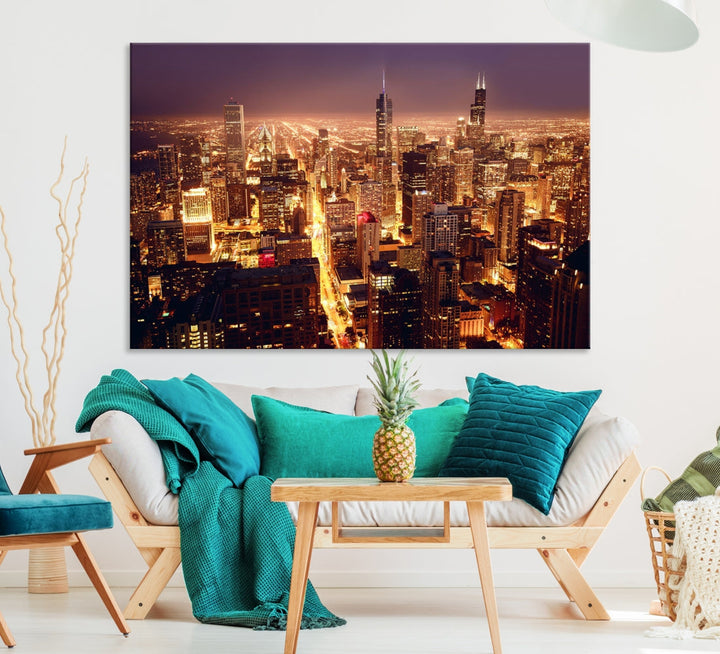 Chicago Night Skyline Aerial View Picture Wall Art Cityscape Canvas Print