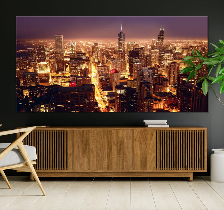 Chicago Night Skyline Aerial View Picture Wall Art Cityscape Canvas Print