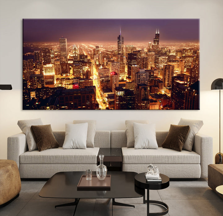 Chicago Night Skyline Aerial View Picture Wall Art Cityscape Canvas Print