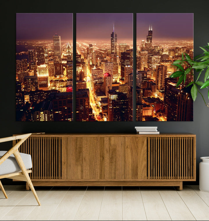 Chicago Night Skyline Aerial View Picture Wall Art Cityscape Canvas Print