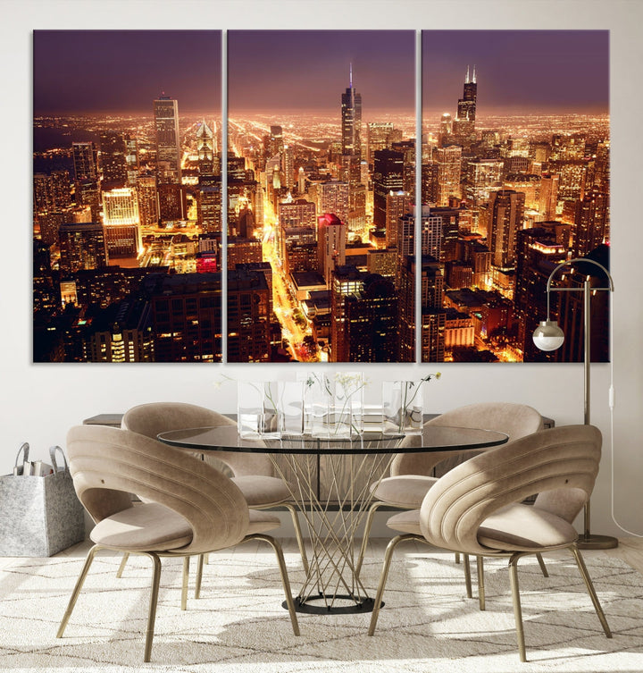 Chicago Night Skyline Aerial View Picture Wall Art Cityscape Canvas Print