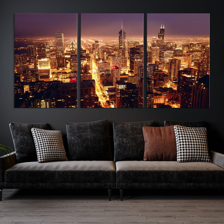 Chicago Night Skyline Aerial View Picture Wall Art Cityscape Canvas Print