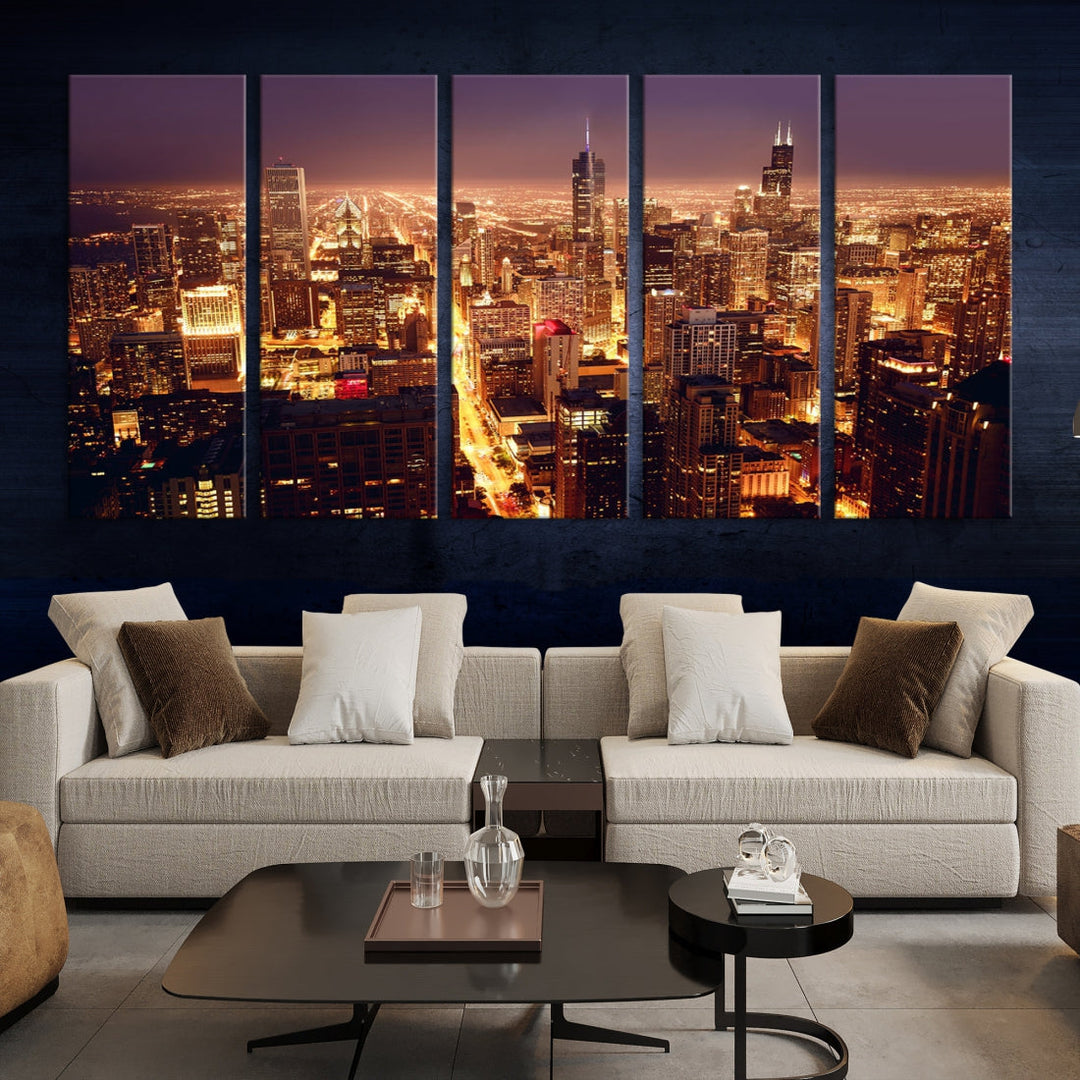 Chicago Night Skyline Aerial View Picture Wall Art Cityscape Canvas Print