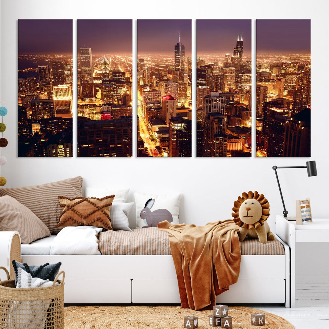 Chicago Night Skyline Aerial View Picture Wall Art Cityscape Canvas Print