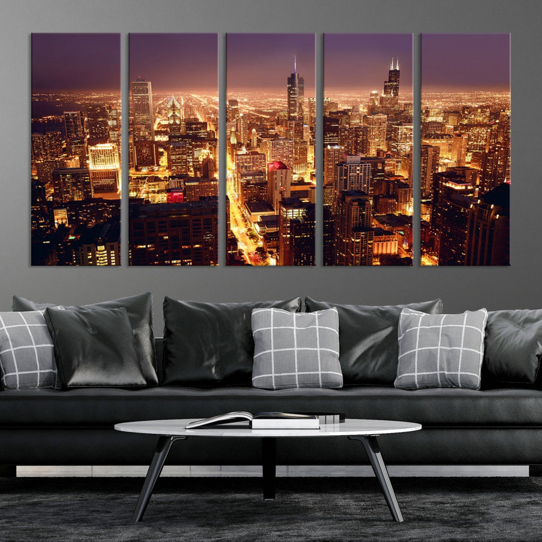 Chicago Night Skyline Aerial View Picture Wall Art Cityscape Canvas Print