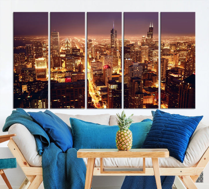 Chicago Night Skyline Aerial View Picture Wall Art Cityscape Canvas Print