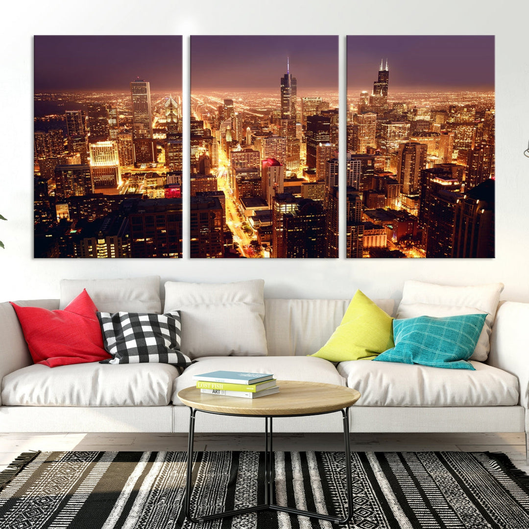 Chicago Night Skyline Aerial View Picture Wall Art Cityscape Canvas Print