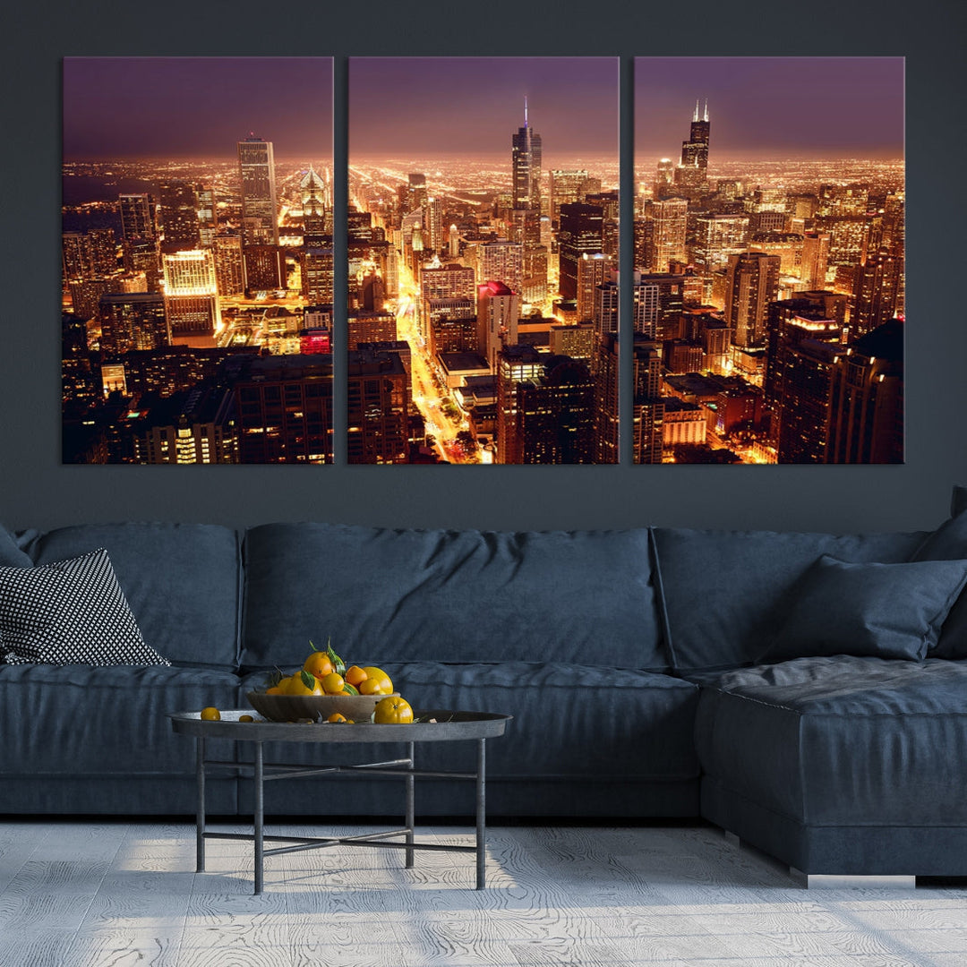 Chicago Night Skyline Aerial View Picture Wall Art Cityscape Canvas Print