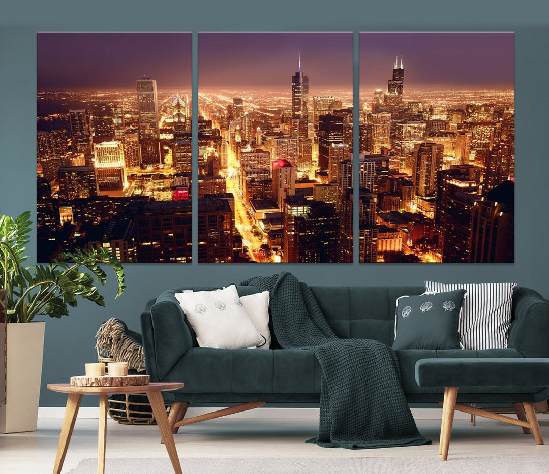 Chicago Night Skyline Aerial View Picture Wall Art Cityscape Canvas Print