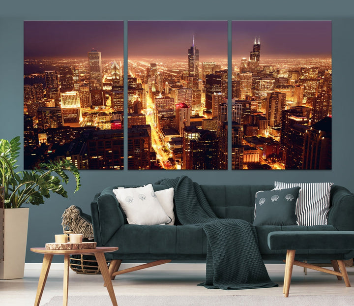 Chicago Night Skyline Aerial View Picture Wall Art Cityscape Canvas Print