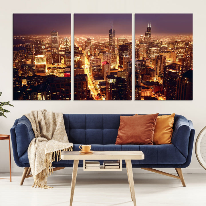 Chicago Night Skyline Aerial View Picture Wall Art Cityscape Canvas Print