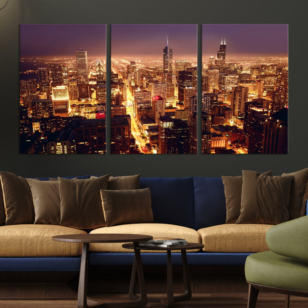 Chicago Night Skyline Aerial View Picture Wall Art Cityscape Canvas Print