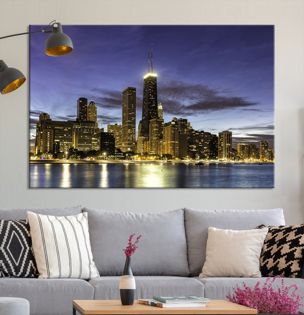 Chicago Night Skyline Wall Art Cityscape Canvas Picture Print