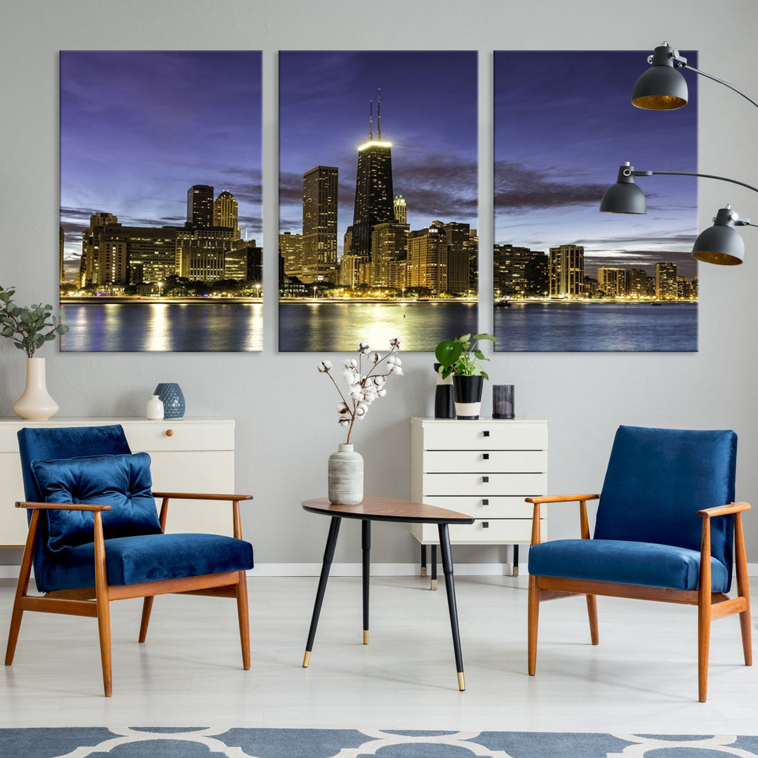 Chicago Night Skyline Wall Art Cityscape Canvas Picture Print