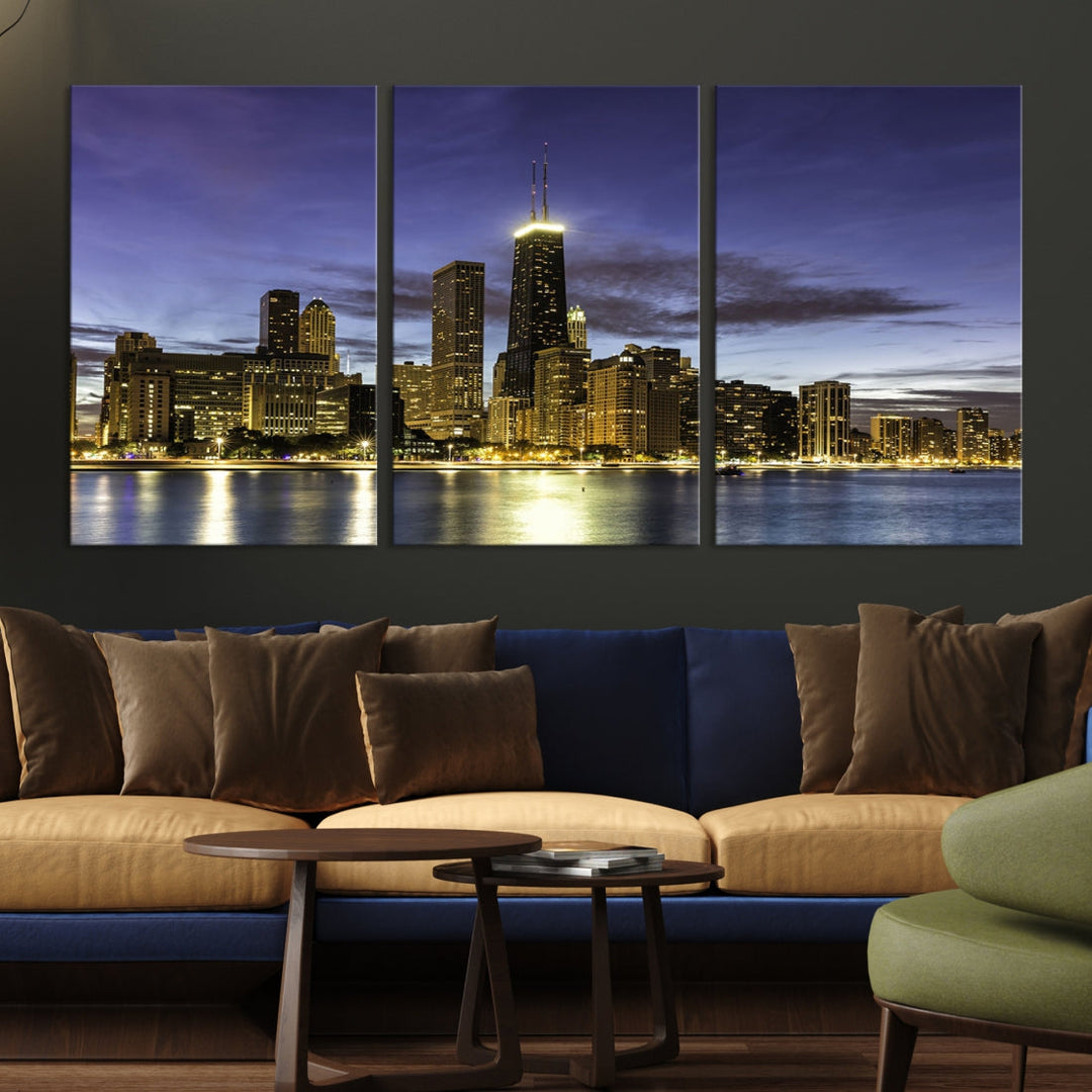 Chicago Night Skyline Wall Art Cityscape Canvas Picture Print