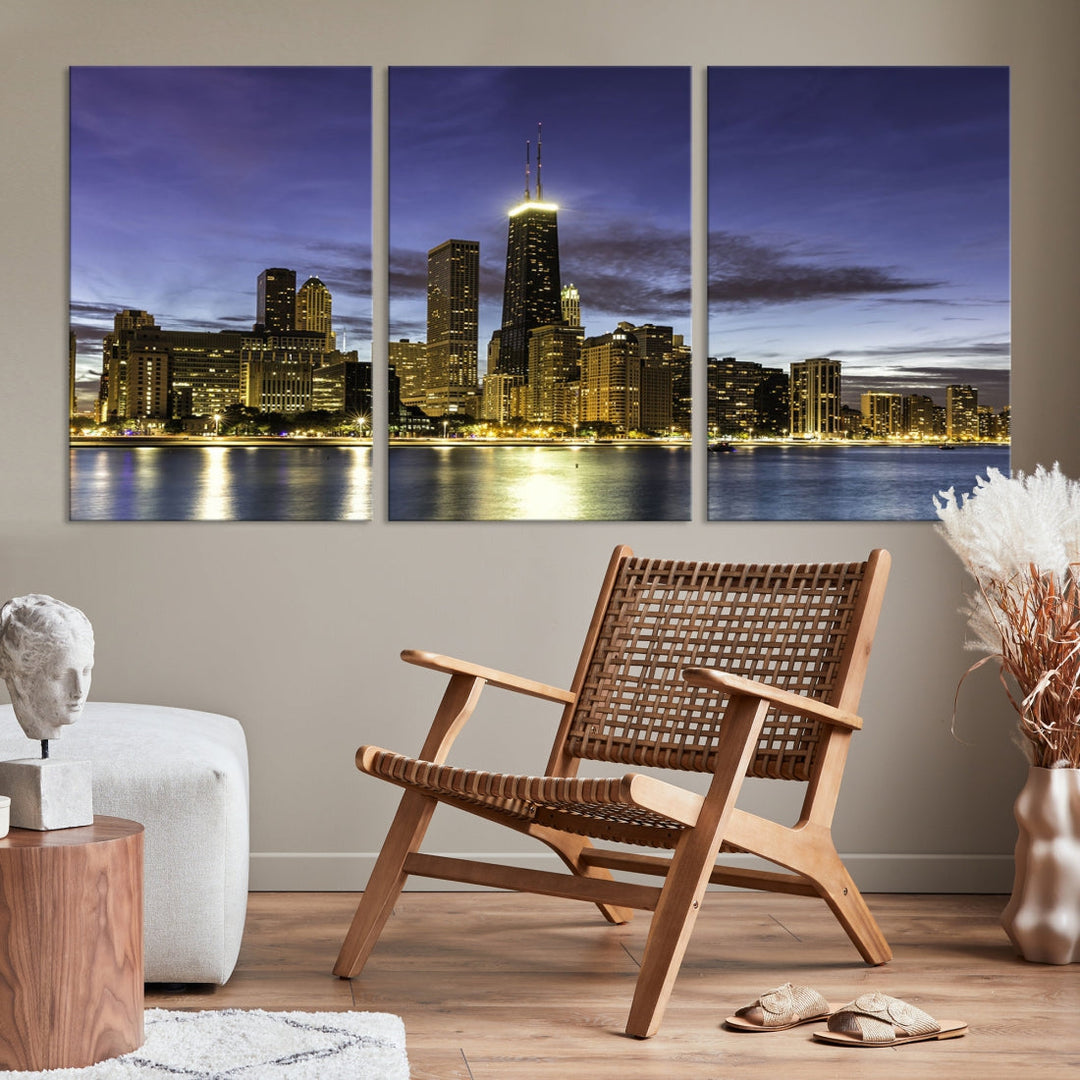 Chicago Night Skyline Wall Art Cityscape Canvas Picture Print