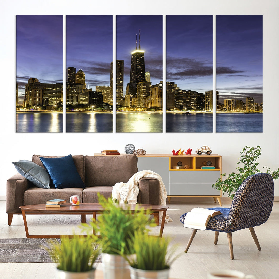 Chicago Night Skyline Wall Art Cityscape Canvas Picture Print