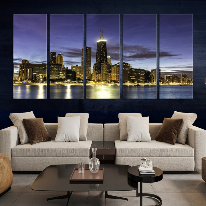 Chicago Night Skyline Wall Art Cityscape Canvas Picture Print