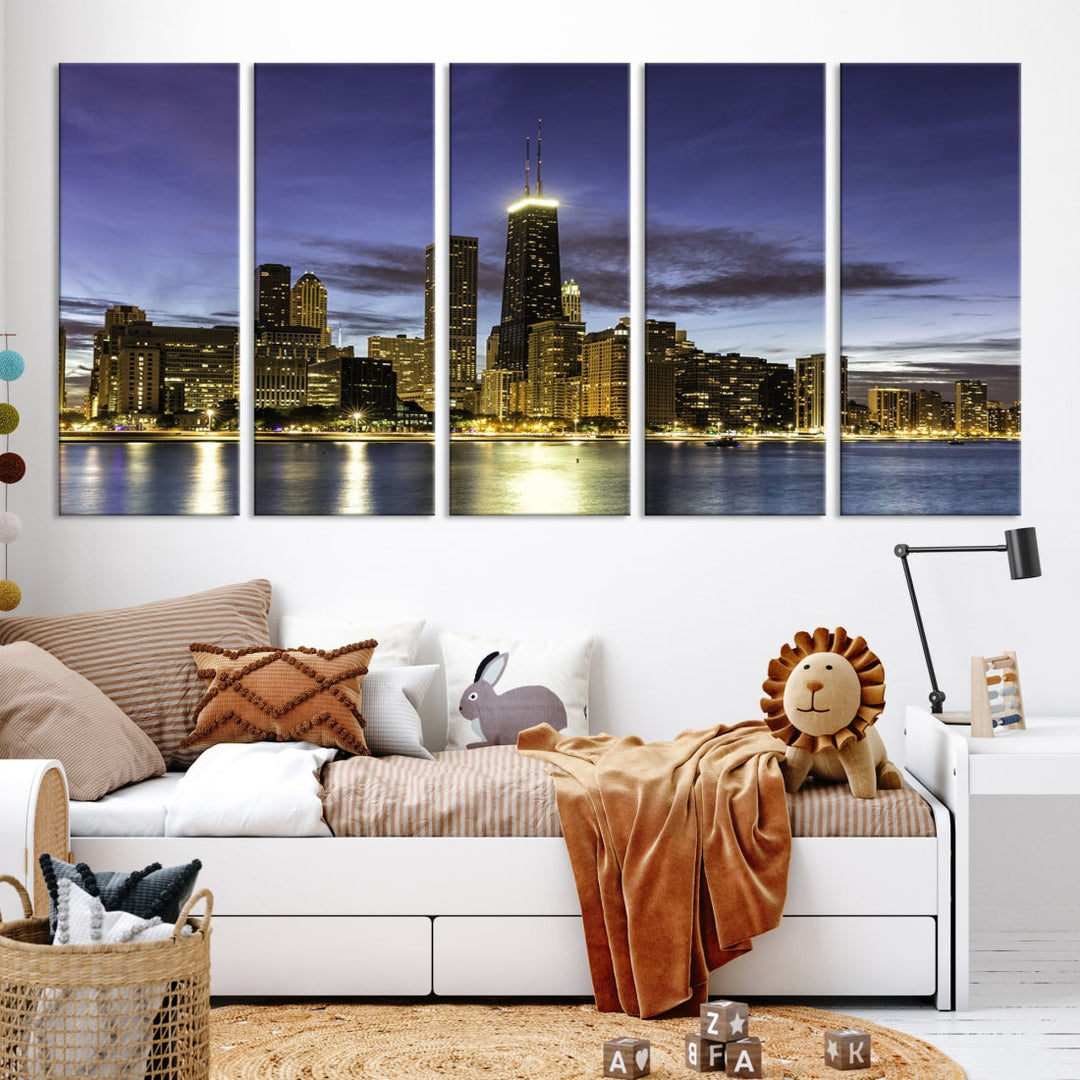 Chicago Night Skyline Wall Art Cityscape Canvas Picture Print