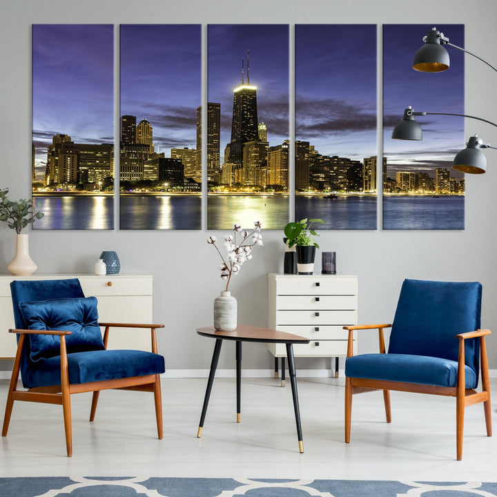 Chicago Night Skyline Wall Art Cityscape Canvas Picture Print