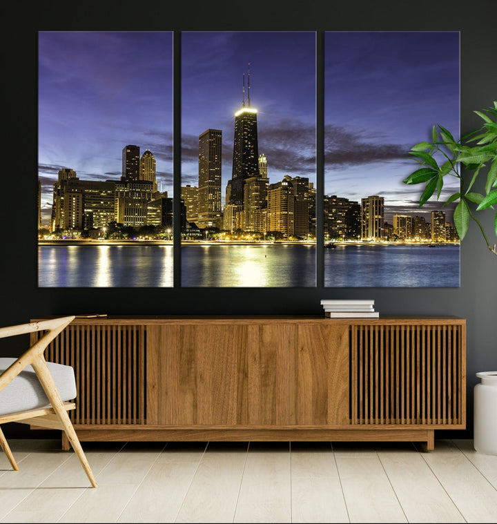 Chicago Night Skyline Wall Art Cityscape Canvas Picture Print