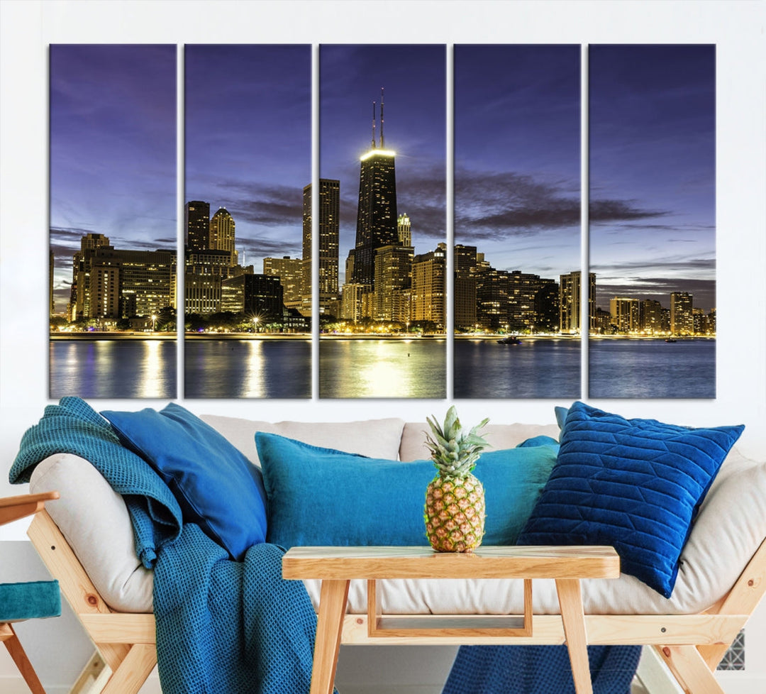 Chicago Night Skyline Wall Art Cityscape Canvas Picture Print