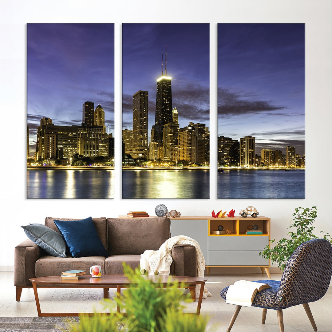 Chicago Night Skyline Wall Art Cityscape Canvas Picture Print