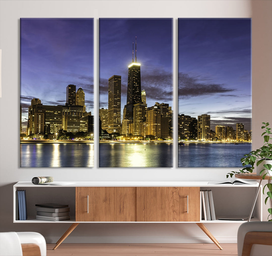 Chicago Night Skyline Wall Art Cityscape Canvas Picture Print