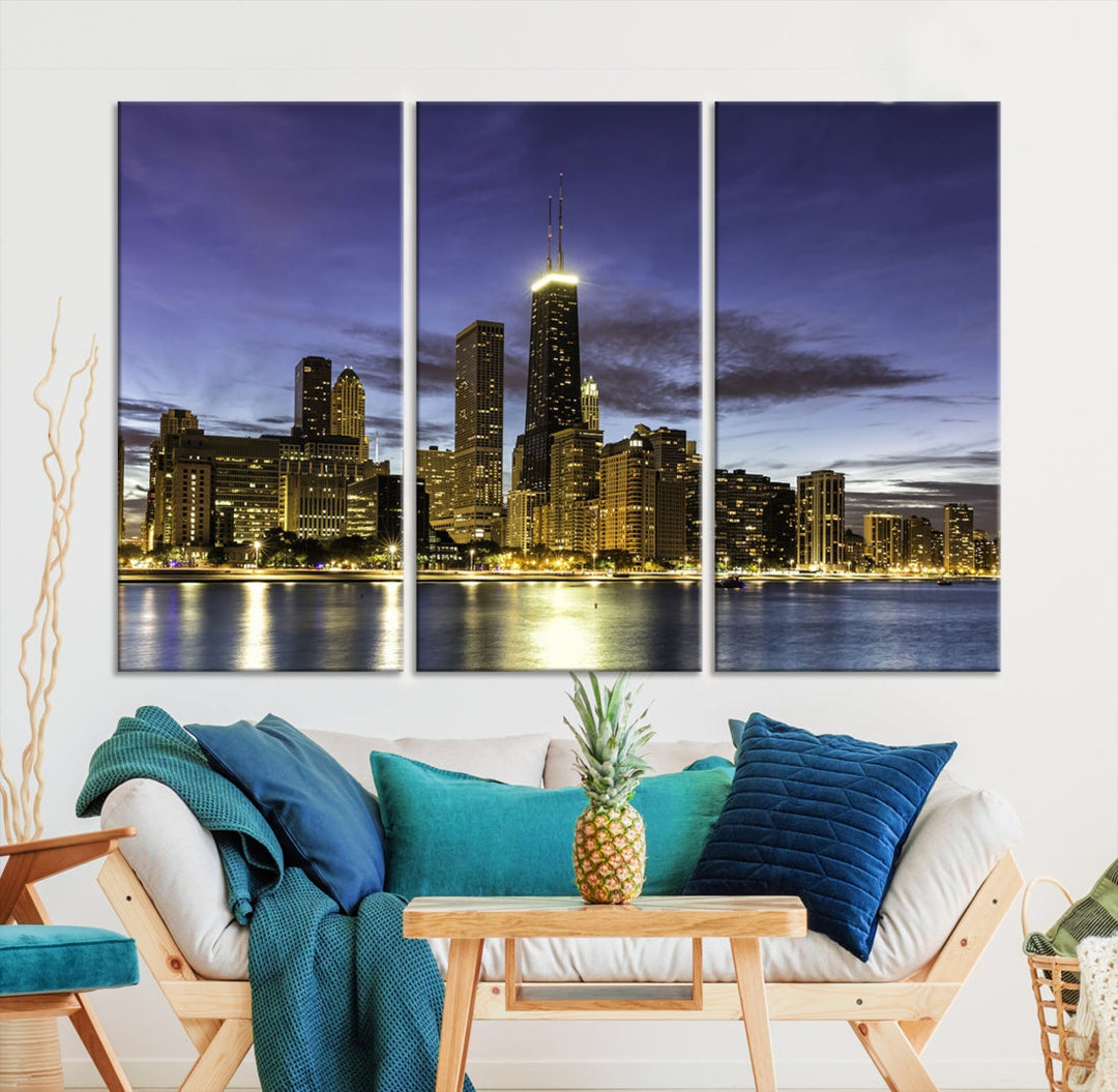 Chicago Night Skyline Wall Art Cityscape Canvas Picture Print