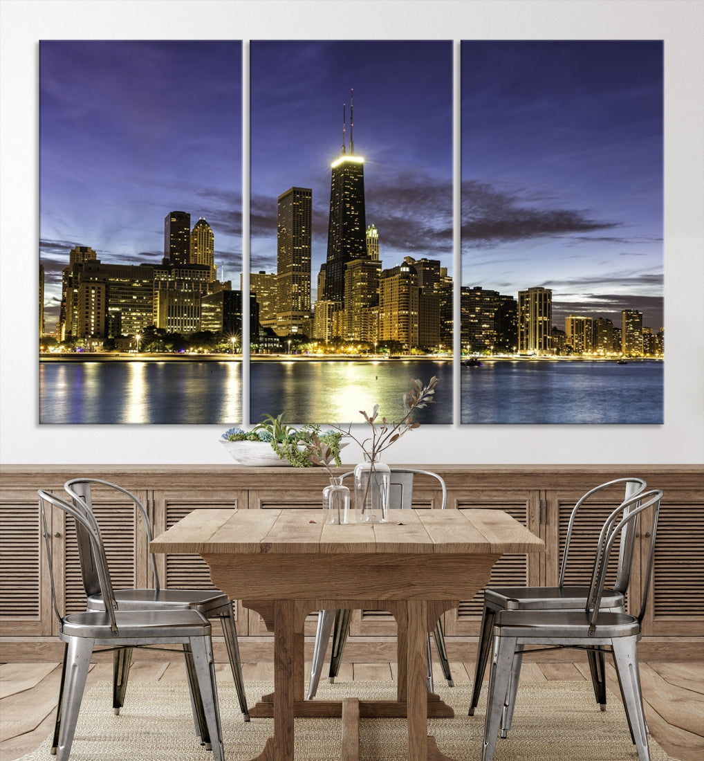 Chicago Night Skyline Wall Art Cityscape Canvas Picture Print