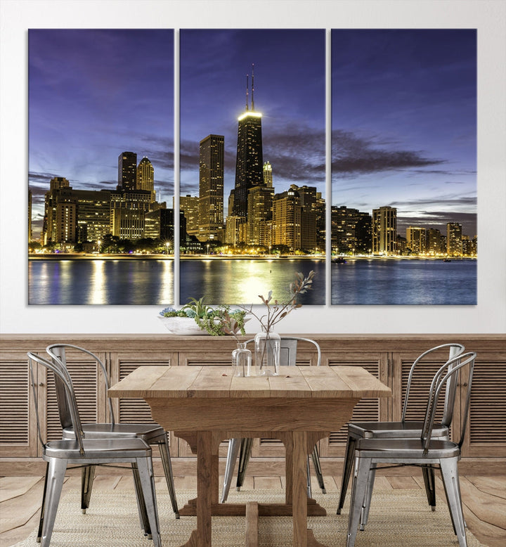 Chicago Night Skyline Wall Art Cityscape Canvas Picture Print