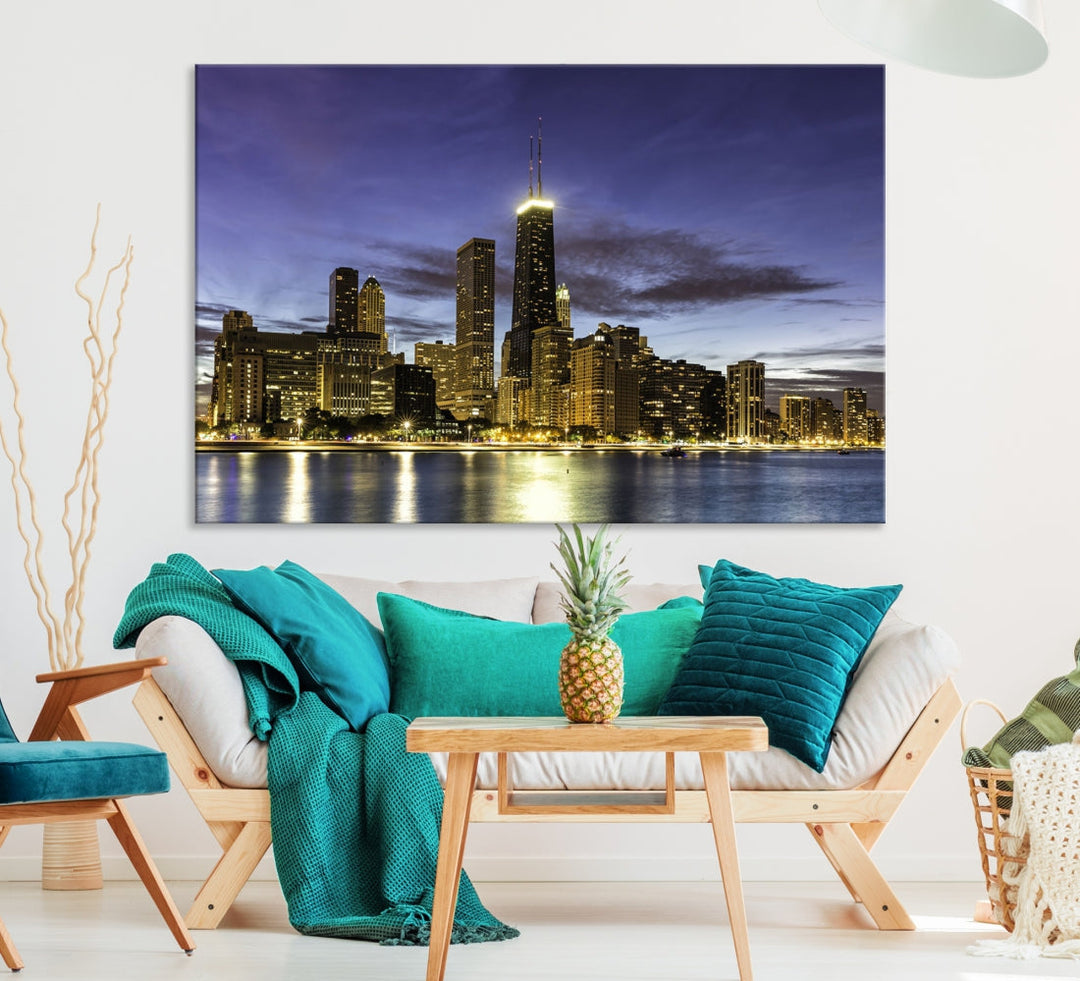 Chicago Night Skyline Wall Art Cityscape Canvas Picture Print