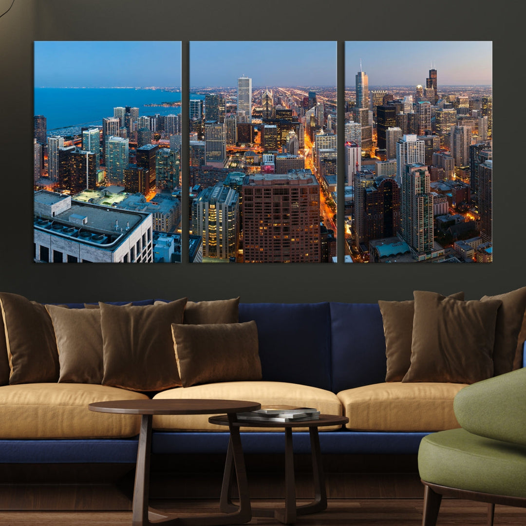 Chicago Night Skyline Wall Art Cityscape Canvas Picture Print Ready to Hang