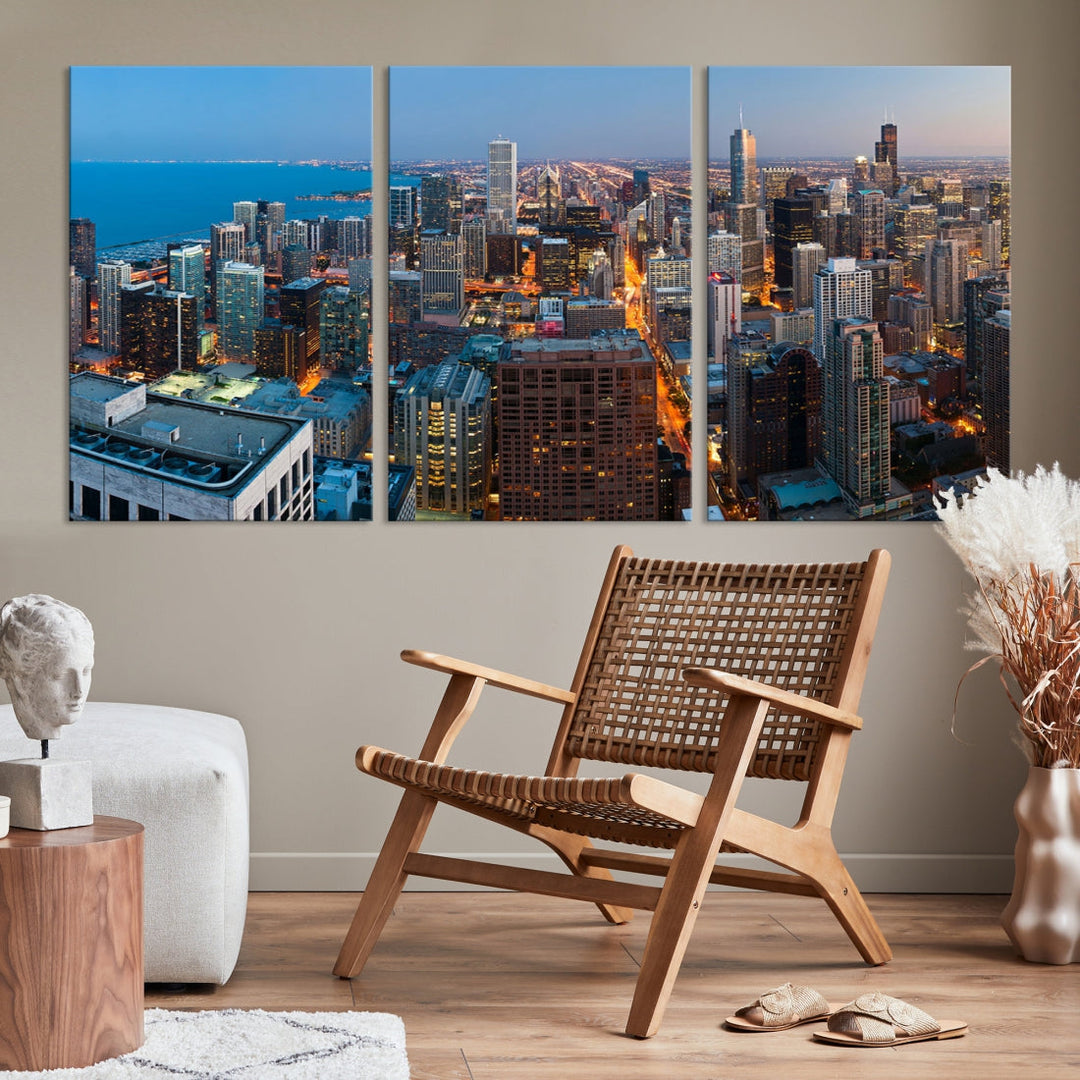 Chicago Night Skyline Wall Art Cityscape Canvas Picture Print Ready to Hang