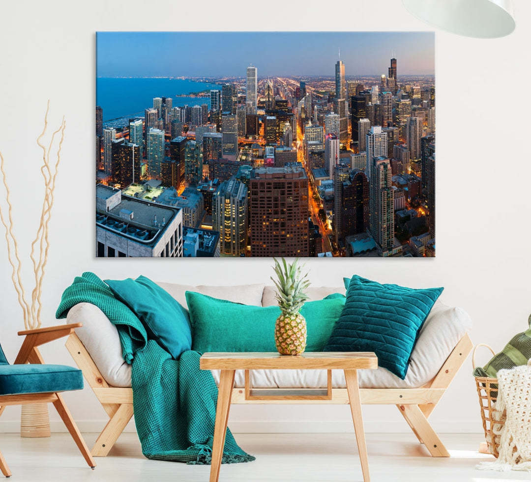 Chicago Night Skyline Wall Art Cityscape Canvas Picture Print Ready to Hang