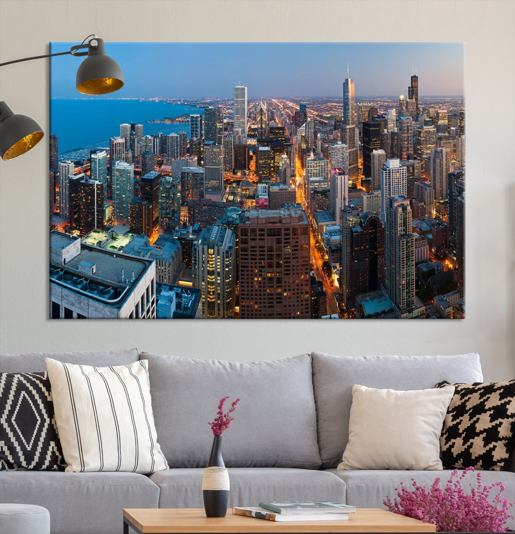 Chicago Night Skyline Wall Art Cityscape Canvas Picture Print Ready to Hang