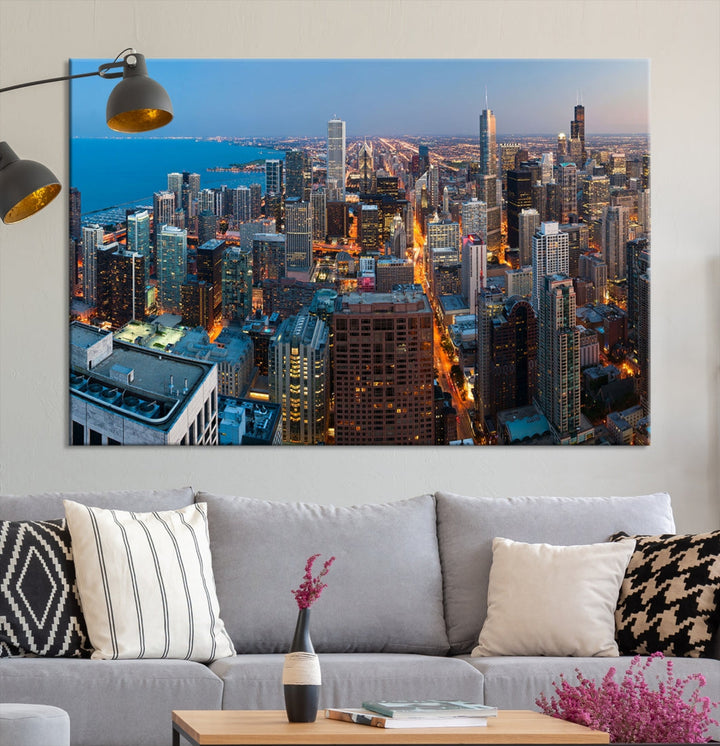 Chicago Night Skyline Wall Art Cityscape Canvas Picture Print Ready to Hang