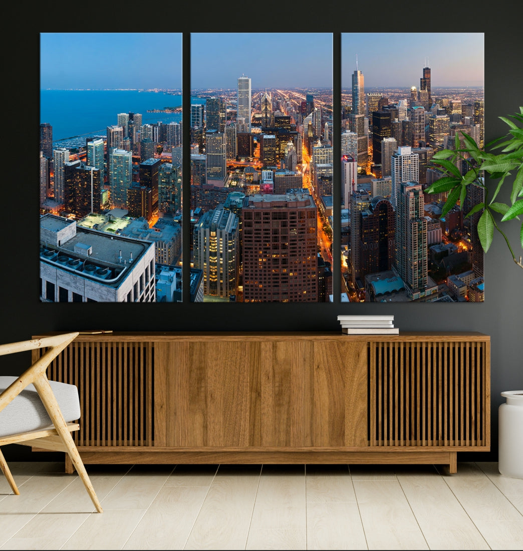 Chicago Night Skyline Wall Art Cityscape Canvas Picture Print Ready to Hang