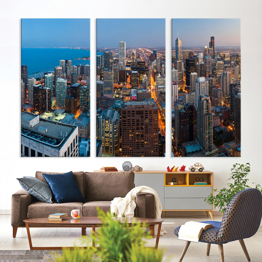 Chicago Night Skyline Wall Art Cityscape Canvas Picture Print Ready to Hang