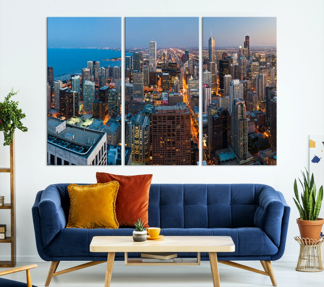 Chicago Night Skyline Wall Art Cityscape Canvas Picture Print Ready to Hang