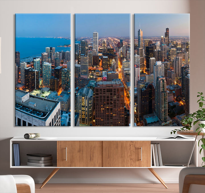 Chicago Night Skyline Wall Art Cityscape Canvas Picture Print Ready to Hang