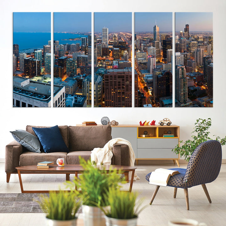 Chicago Night Skyline Wall Art Cityscape Canvas Picture Print Ready to Hang