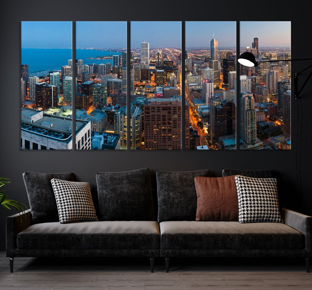 Chicago Night Skyline Wall Art Cityscape Canvas Picture Print Ready to Hang